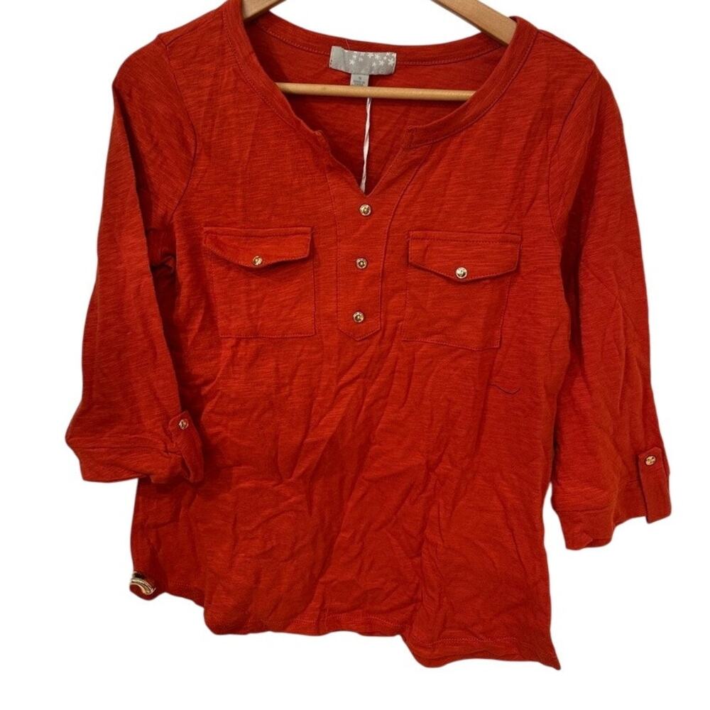 Carolyn Taylor Womens Henley Top S Orange Slub‎ Knit Pocket 3/4 Sleeve Tee